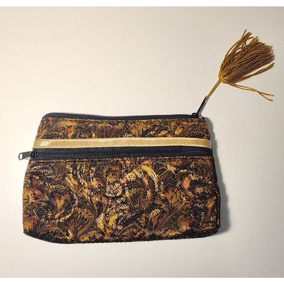 Women's Gold and Black Patterned Accessories Bag with Tassel - Picture 2 of 6